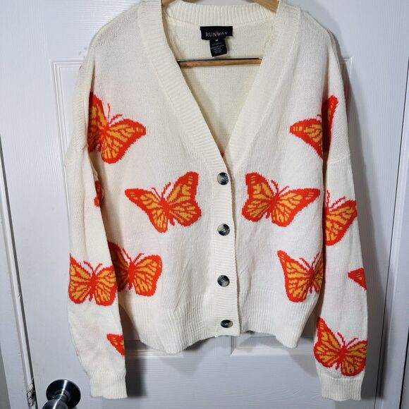 Runway Sz M Monarch Butterfly Orange White Cardigan Sweater Y2k Women's Knit - Picture 5 of 8